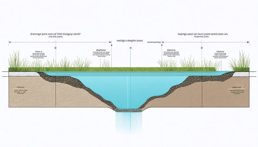 Technical illustration of drainage pond depth zones including shallow margins, deep center, and vegetation areas