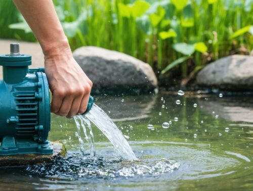 A person cleaning a diaphragm pump beside a picturesque pond, illustrating the importance of regular maintenance for a well-functioning water system.
