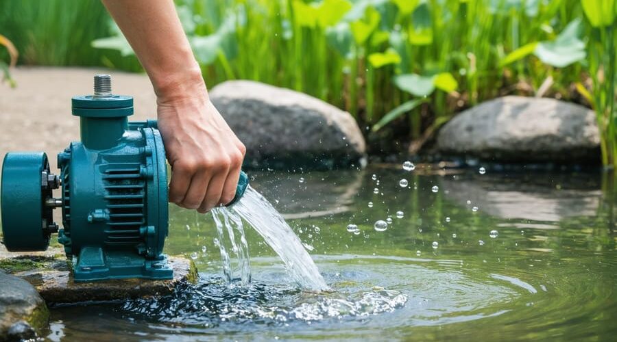 A person cleaning a diaphragm pump beside a picturesque pond, illustrating the importance of regular maintenance for a well-functioning water system.