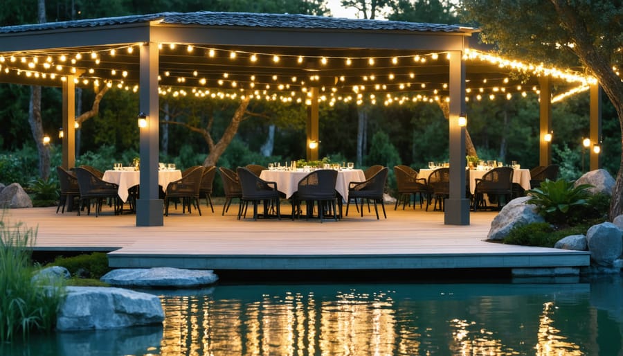 Illuminated outdoor dining space next to a pond at twilight with ambient lighting