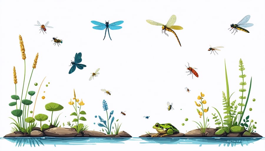 Comparison diagram showing beneficial pond organisms and common pests in a natural pond setting
