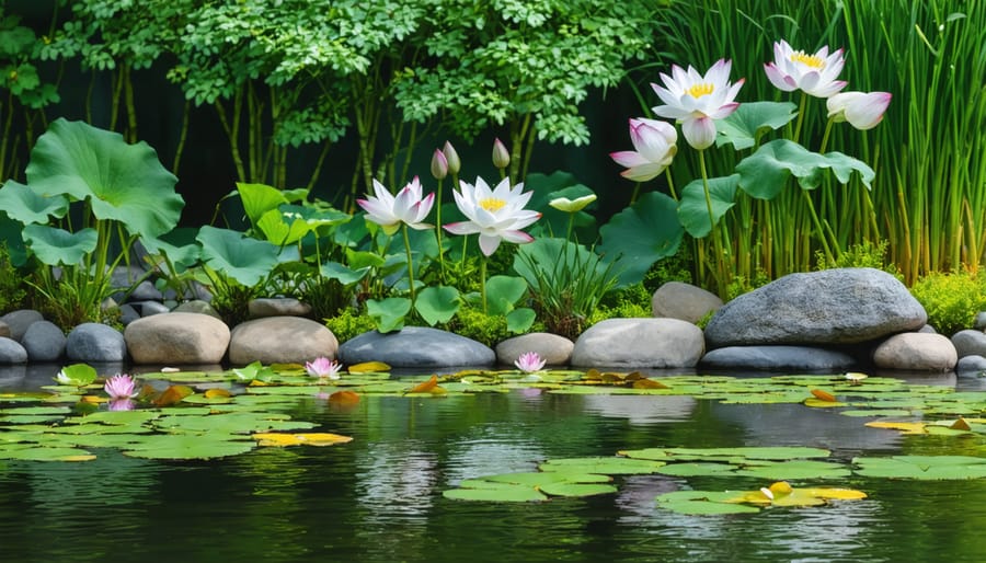 Natural pond edge showcasing the interaction between plants, rocks, and water textures