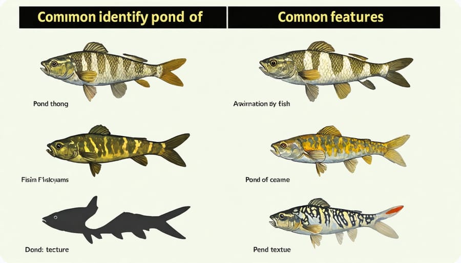 Visual guide displaying distinctive characteristics of different pond fish species
