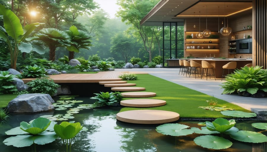 Landscaped pathway connecting outdoor kitchen to pond with aquatic plants and hardscaping