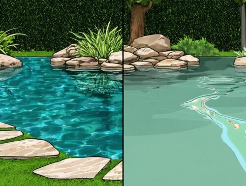 A serene backyard pond showing a split-screen view with normal water level on the left and decreased water level due to a liner leak on the right, highlighting common leak indicators and the use of dye trails for detection.