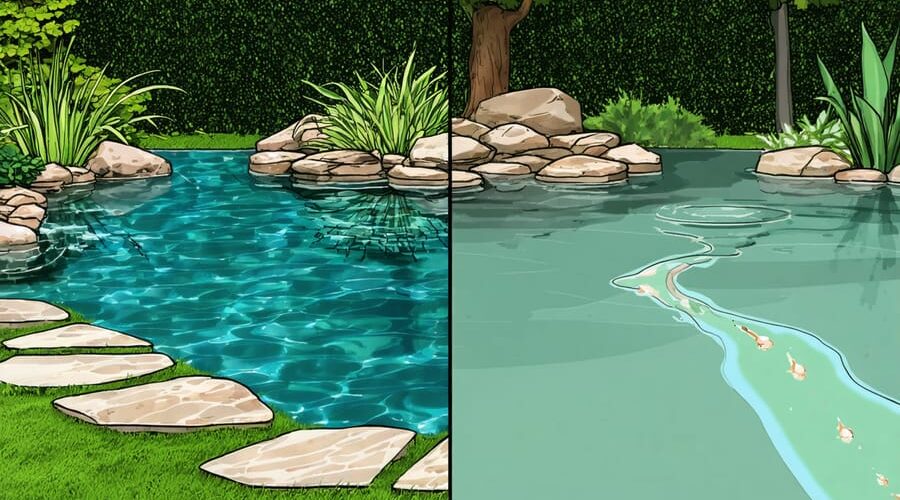 A serene backyard pond showing a split-screen view with normal water level on the left and decreased water level due to a liner leak on the right, highlighting common leak indicators and the use of dye trails for detection.