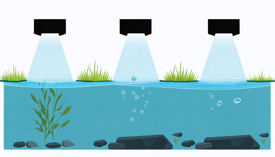 Technical illustration of underwater light placement strategies for pond features