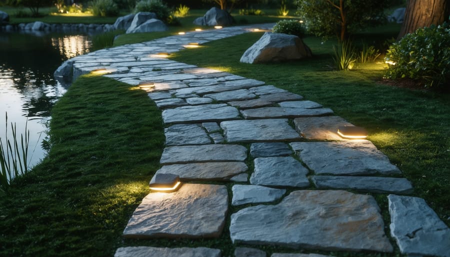 Softly lit garden path beside a pond with decorative pathway lighting