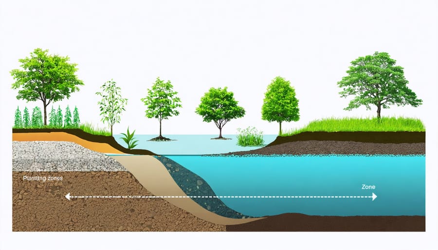 Illustrated diagram of pond planting zones showing marginal, shallow, and deep water plants