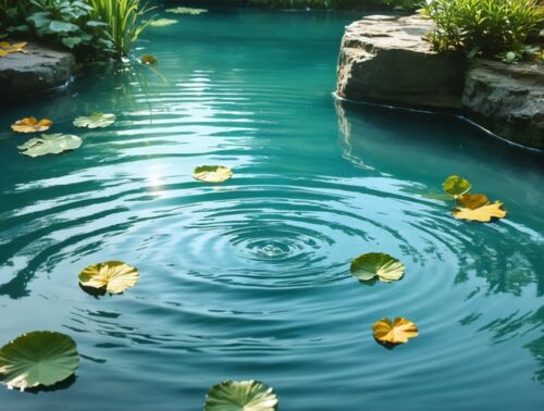 Realistic depiction of a garden pond with half the surface smooth and reflective, showcasing a clear sky and trees, and the other half rippled, with light sparkles highlighting movement.