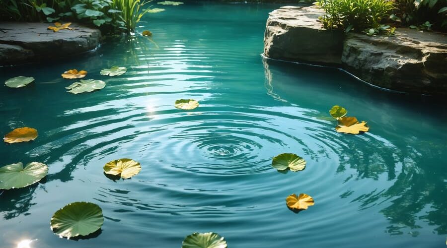 Realistic depiction of a garden pond with half the surface smooth and reflective, showcasing a clear sky and trees, and the other half rippled, with light sparkles highlighting movement.