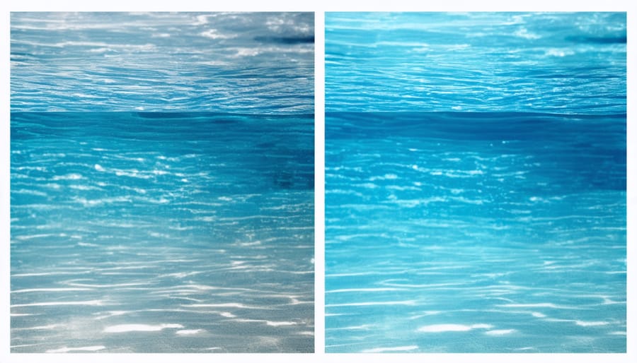 Side-by-side comparison of clear and turbid pond water conditions