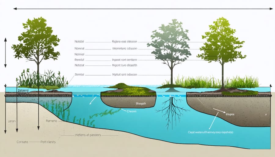 Illustrated diagram showing water movement and circulation patterns in a natural pond ecosystem
