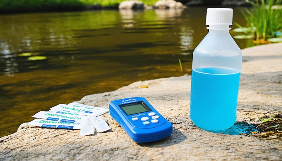 Pond water testing equipment showing DO meter and pH test strips in use