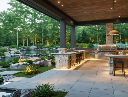 Elegant outdoor kitchen setup beside a landscaped pond, featuring stone countertops, a built-in grill, and ambient lighting that creates a tranquil dining atmosphere.