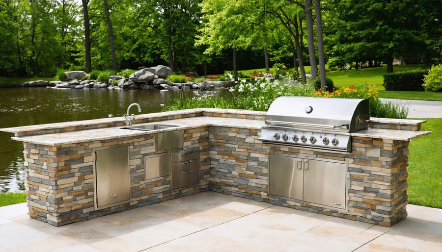 Modern outdoor kitchen installation next to a backyard pond with natural stone features