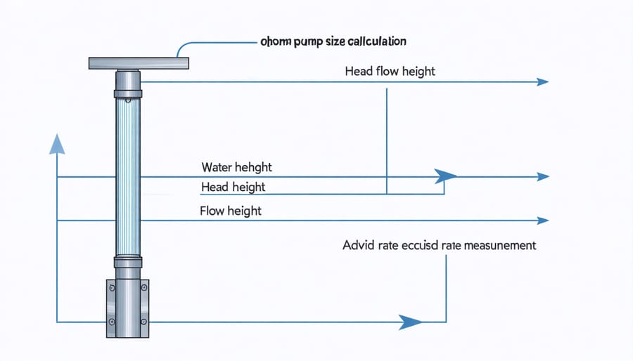 Technical diagram illustrating how to calculate water pump requirements based on height and flow