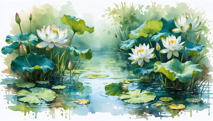 Renaissance-era botanical watercolor painting of aquatic garden plants