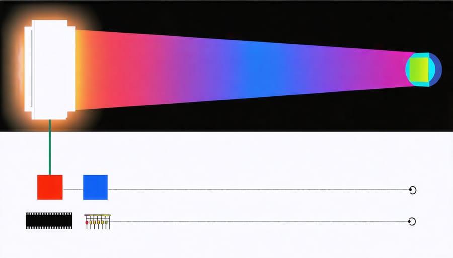 Technical illustration of RGB LED components showing how different colors are created through light mixing