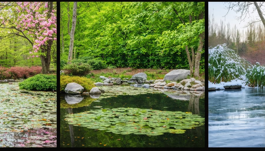 Four-panel image showing the same bio pond through different seasons with varying plant growth and wildlife activity