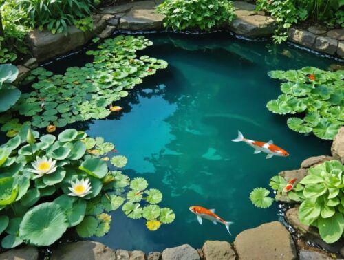 Aerial view of a backyard pond showcasing a self-sustaining ecosystem with clear water, water lilies, and fish, surrounded by lush greenery.