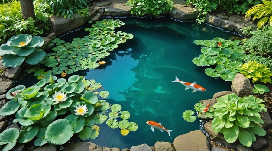 Aerial view of a backyard pond showcasing a self-sustaining ecosystem with clear water, water lilies, and fish, surrounded by lush greenery.