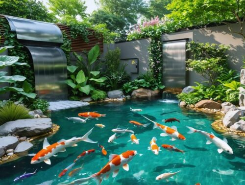 A beautifully landscaped backyard with a diverse aquatic plant system and clear pond, showcasing a blend of natural and smart technology elements that enhance a self-sustaining ecosystem.