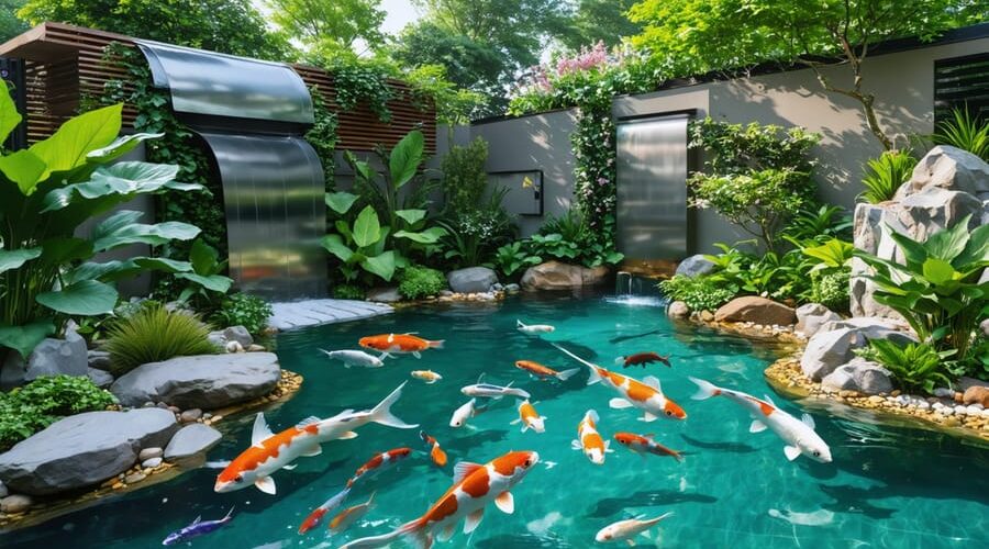 A beautifully landscaped backyard with a diverse aquatic plant system and clear pond, showcasing a blend of natural and smart technology elements that enhance a self-sustaining ecosystem.