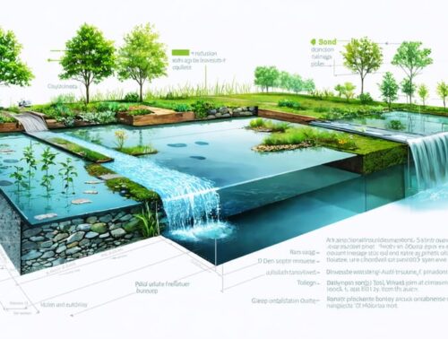 Conceptual illustration of a smart drainage pond showcasing various depth zones, adaptive infrastructure, and native vegetation, focused on future-proofing against climate challenges.