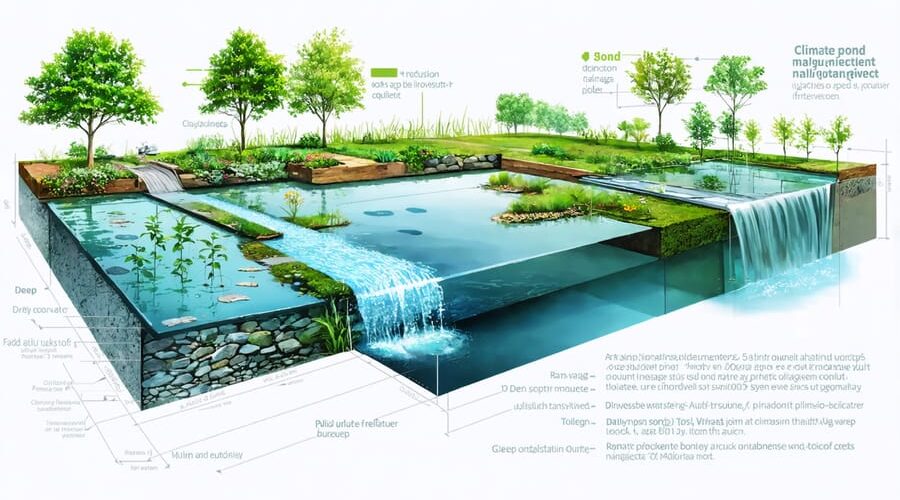 Conceptual illustration of a smart drainage pond showcasing various depth zones, adaptive infrastructure, and native vegetation, focused on future-proofing against climate challenges.