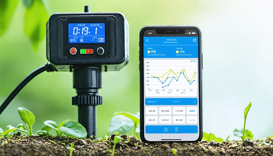 Smart irrigation control panel and smartphone displaying water conservation metrics and scheduling interface