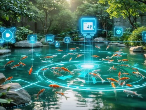 A serene pond with koi fish surrounded by advanced predator protection technologies, including solar-powered deterrent lights, motion sensors, and a smartphone showing alerts.