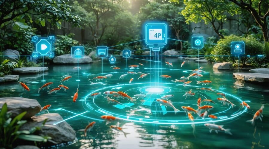 A serene pond with koi fish surrounded by advanced predator protection technologies, including solar-powered deterrent lights, motion sensors, and a smartphone showing alerts.