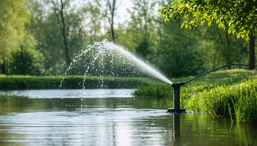 Smart sprinkler system spraying water to deter a predator near garden pond