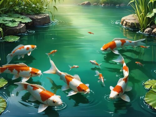 A tranquil pond scene comprising koi and goldfish swimming joyfully amid aquatic plants, with natural food sources like floating insects, showcasing sustainable fish feeding techniques.