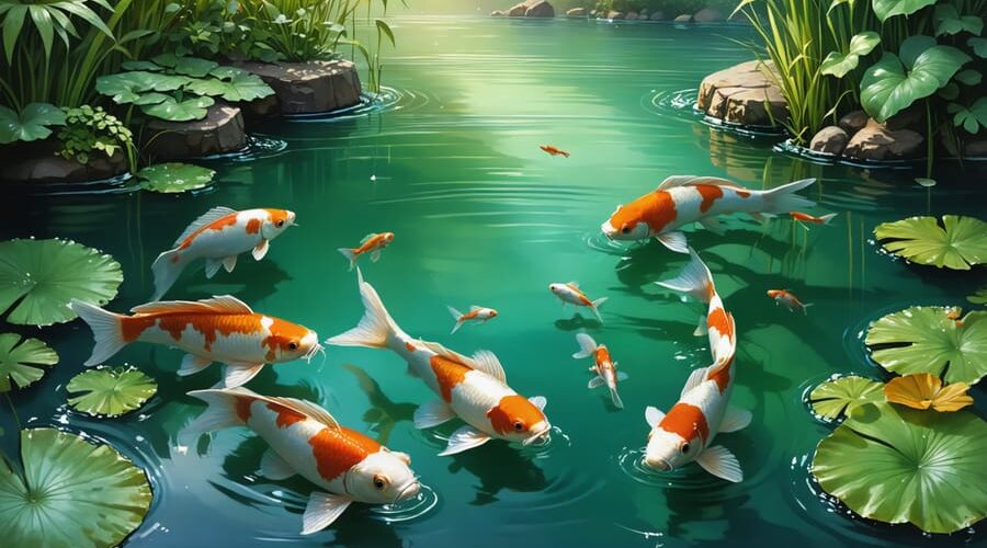 A tranquil pond scene comprising koi and goldfish swimming joyfully amid aquatic plants, with natural food sources like floating insects, showcasing sustainable fish feeding techniques.