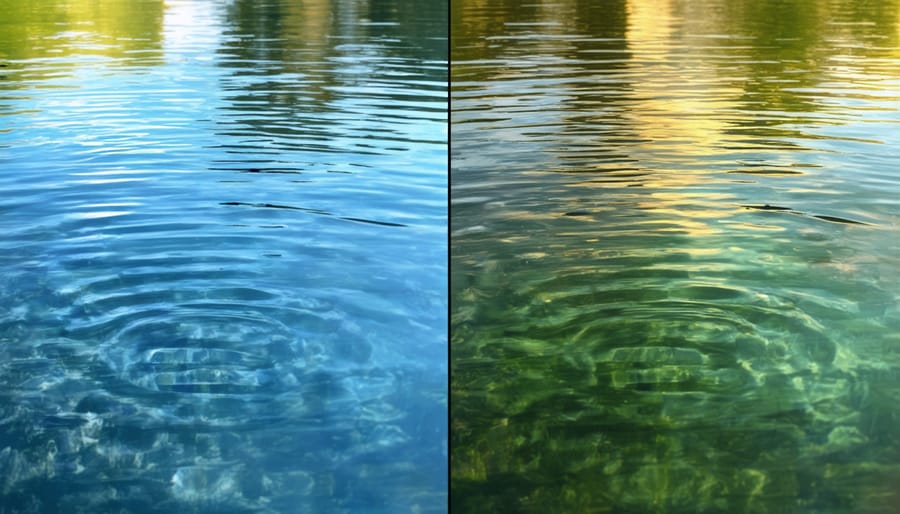 Side-by-side comparison of smooth and rippled pond water textures