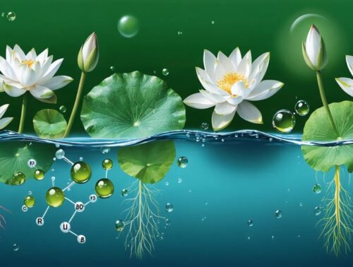 Conceptual illustration showing colorful water lilies and lotus flowers above water with roots below, illustrating balanced nutrient symbols (NPK) for healthy growth.