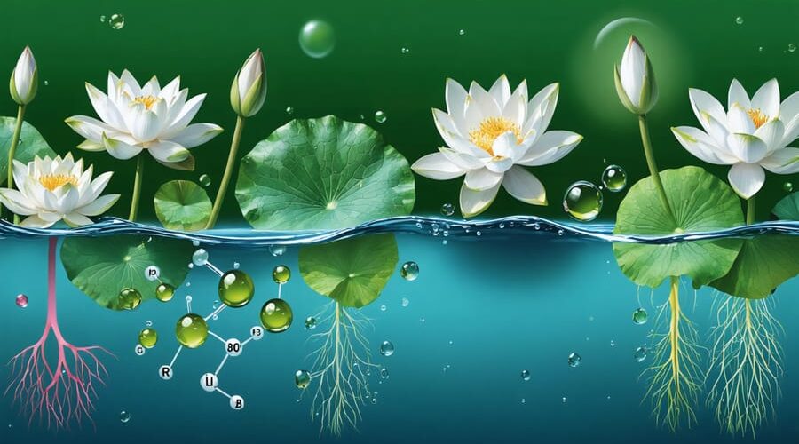 Conceptual illustration showing colorful water lilies and lotus flowers above water with roots below, illustrating balanced nutrient symbols (NPK) for healthy growth.