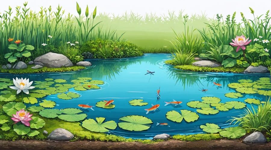 Backyard ecological pond showcasing diverse aquatic life and plant zones, including water lilies, dragonflies, fish, and native vegetation around the edges, creating a balanced ecosystem.
