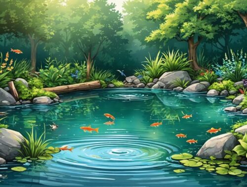 Illustration of a thriving pond ecosystem featuring natural water flow patterns, diverse plant life, and wildlife such as fish, birds, and amphibians amid rocks and logs.