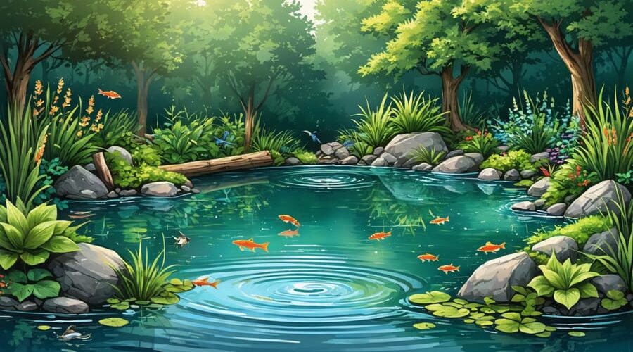 Illustration of a thriving pond ecosystem featuring natural water flow patterns, diverse plant life, and wildlife such as fish, birds, and amphibians amid rocks and logs.