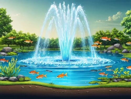 Conceptual illustration of a large pond transformed into a vibrant aquatic ecosystem through effective aeration, featuring both surface fountain aerators and bottom diffuser systems, colorful fish, and lush aquatic plants.