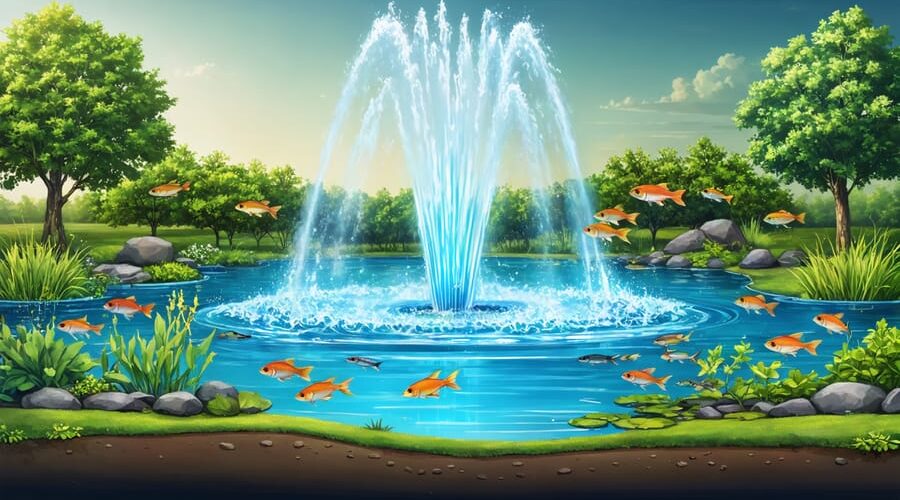 Conceptual illustration of a large pond transformed into a vibrant aquatic ecosystem through effective aeration, featuring both surface fountain aerators and bottom diffuser systems, colorful fish, and lush aquatic plants.