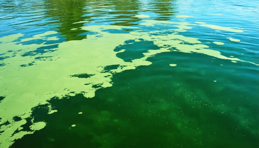 Toxic blue-green algae forming a bright turquoise surface film on water