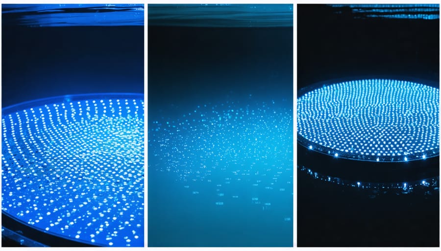 Comparison of three different underwater pond lighting types showing their distinct characteristics