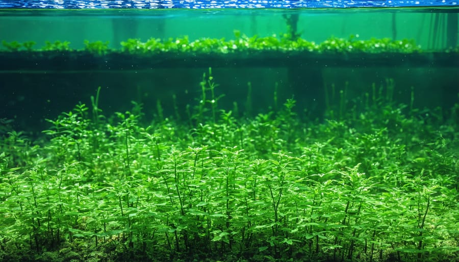 Underwater photograph showing healthy submerged aquatic plants maintaining water quality