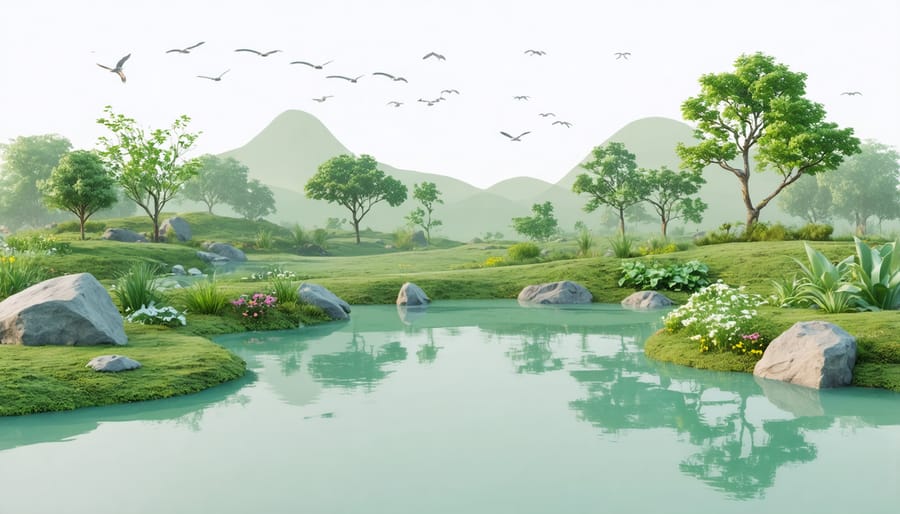 Virtual reality pond environment showing fish, plants, and water quality indicators