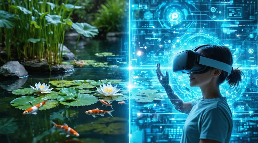 A conceptual illustration showing a pond transitioning into a VR simulation, with a user wearing a VR headset interacting with digital elements.
