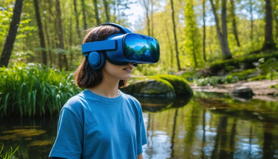 User wearing VR headset while using hand controllers to manage virtual pond simulation